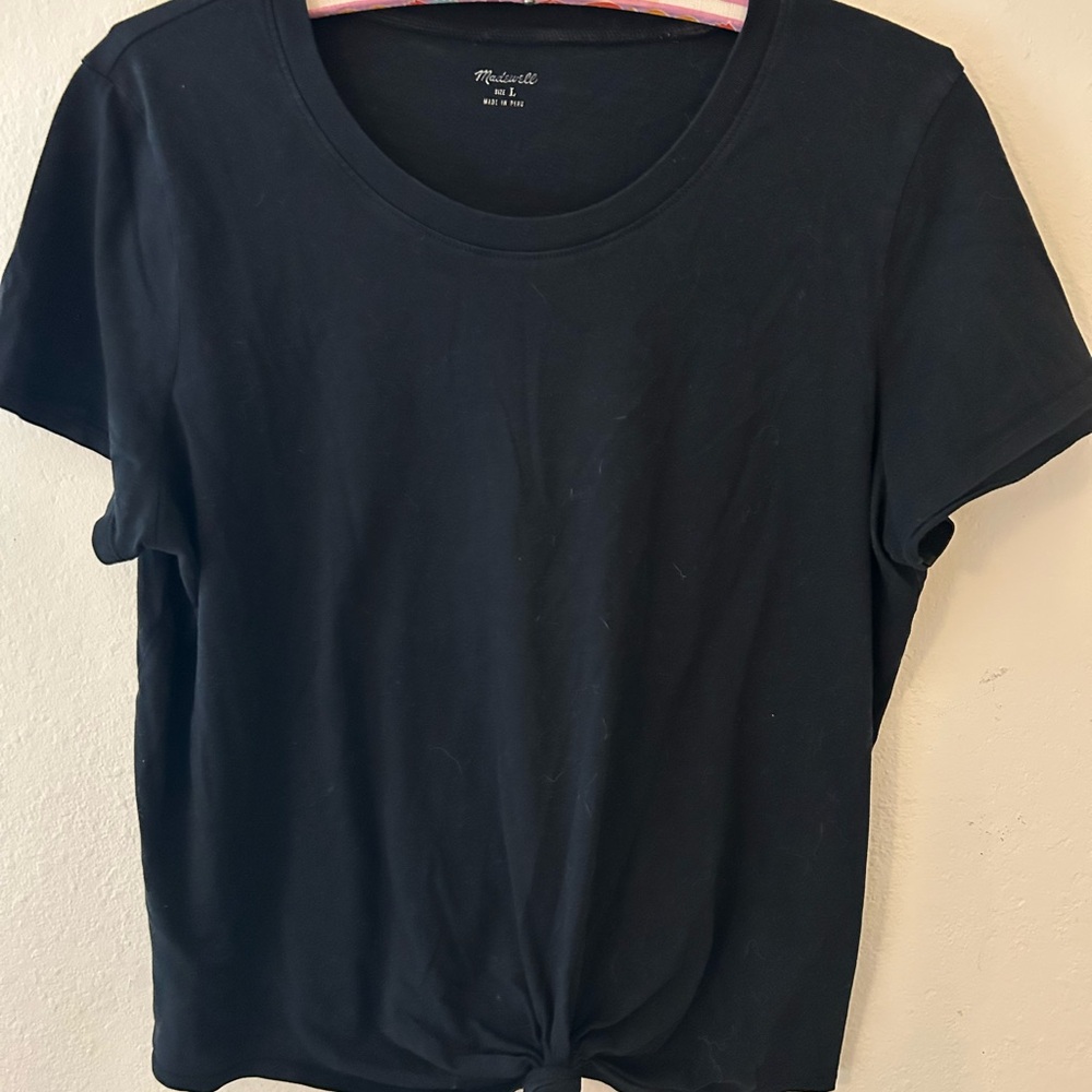 Madewell Black Fitted T-Shirt with Tie Front Short Sleeves